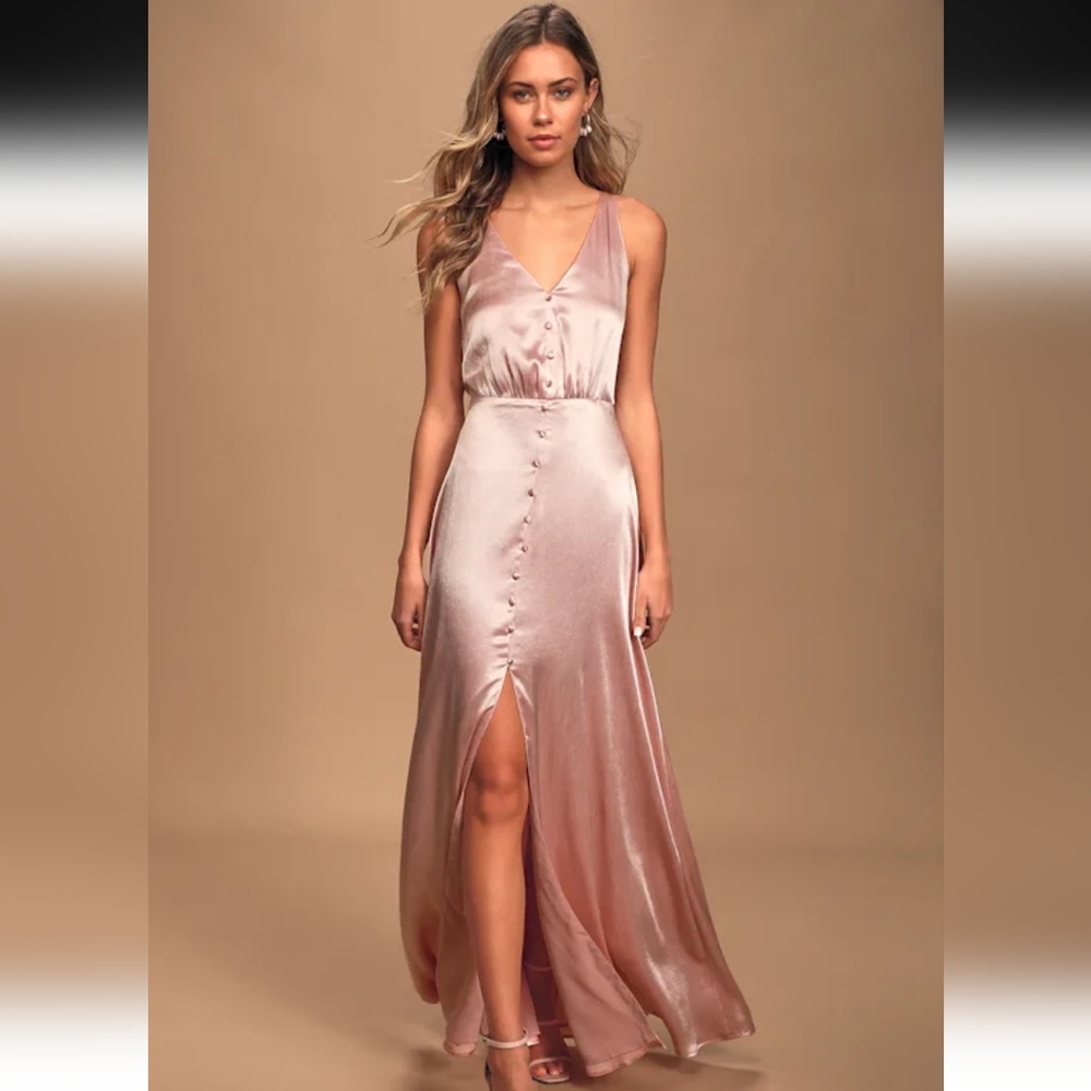 Lulu's Shimmering Total Adoration Light Pink Satin Button-Front Maxi Dress